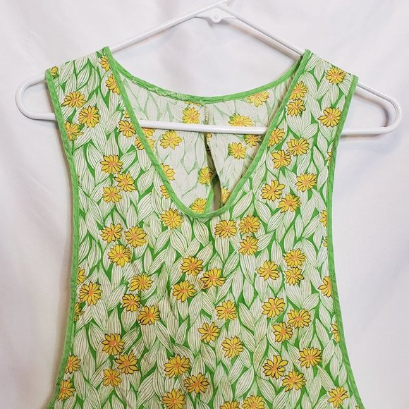 Vintage Apron Handmade Pullover Tie Waist Lime Green Yellow Daisy Print Pocket - Picture 6 of 11